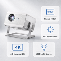 Projecteur Pico Android 550 ANSI Lumens 1080p Compatible 4K WiFi 6 Télécommande Portable Home Cinéma Utilisation Extérieure Professionnelle