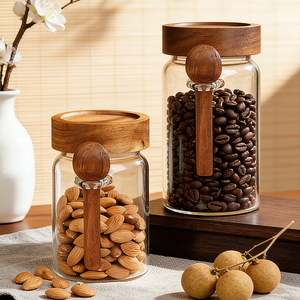 Barattolo in <span class=keywords><strong>Vetro</strong></span> per Chicchi di Caffè: Contenitore Ermetico con Coperchio in Legno di Acacia e Cucchiaio in Legno - Product Image 2