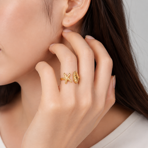 Stainless Steel Starfish Shell <b>Adjustable</b> <b>Ring</b> 14K Gold Vacuum Plated Gold and Silver Color Motif Jewelry - Product Image 4