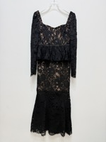 Robe mi-longue élégante noire à col carré en dentelle pour femme, taille haute, manches longues, amincissante, style mode et loisirs