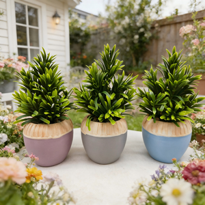 Ensemble de jardinières en céramique texturée avec fausses plantes - Décorations intérieures/extérieures - Product Image 1