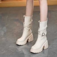 Bottes pour femmes à talon épais et semelle compensée, style européen et américain, mi-mollet, doublure en microfibre, avec boucle, vente en gros d'usine