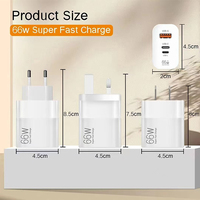 Cargador USB Rápido de 66W con Enchufe EU/US/UK, Adaptador de Pared con Salida PD de 20W para Teléfono Móvil y Portátil