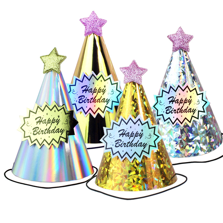 Wholesale hot baking supplies shiny Laser star birthday hat golden silver Happy Birthday Party Hats for Kids children