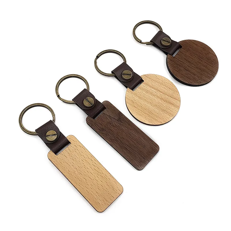 Wood key chains custom DIY key ring walnut square round wooden piece PU leather Rectangular shape