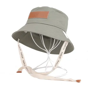 Custom unisex leather patch high quality cotton vintage solid color fisherman bucket hat with string