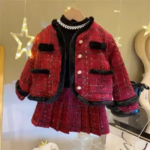 Girls' Small Fragrant Wind Set 2024 New Children's Cotton Jackets with Hundred pleats Skirt Two Piece Set for Girls