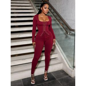 Custom 2026 Women <b>Bodycon</b> <b>Jumpsuit</b> Square Neck <b>Lace</b> Up Knit Stretchy Club Outfit Breathable Fashion Dress - Product Image 4