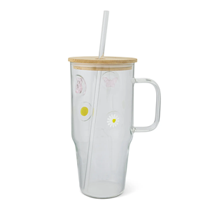 Bicchiere da Viaggio in Vetro Resistente al Calore, Antigoccia, Senza BPA, Grande Capacità, con Cannuccia, Coperchio in Bambù, Manico, Piccola <span class=keywords><strong>Margherita</strong></span>, Trasparente, per <span class=keywords><strong>Caffè</strong></span> - Product Image 4