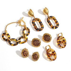 Leopard Print Stainless Steel Jewelry <b>Set</b> Geometric Oval Earrings <b>Bracelet</b> Party Fashion Gold Plated - Product Image 3