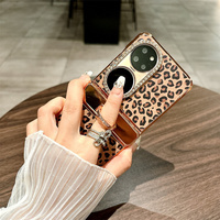 Funda de Lujo para P50 Pocket con Anillo y Soporte, Diseño de Leopardo con Diamantes, Electrochapada, Plegable, Protección Total a Prueba de Golpes