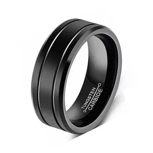 OEM Anillo Hombre Gift To Boys Cheap Simple Jewelry Black Plated Two Grooves Titanium Ring For Men