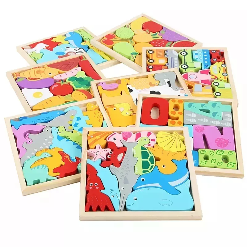 Custom Montessori Educational Puzzle Wooden Stacking Puzzle Blocks Toys Ocean Animal matching 3D Jigsaw Puzzle children For Kids