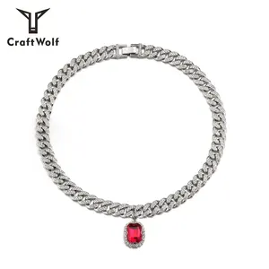 Craft Wolf Perhiasan Hip Hop Pria Wanita, Kalung Choker Rantai Tautan Rubi Kuba Zirkon Keluar Es Tenis Perak Modis 925