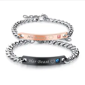 2022 New Arrival Stainless Steel Jewelry His Beauty Her Beast Couple Bracelets Lovers Promised Engraved Bangle Bracelets For Her