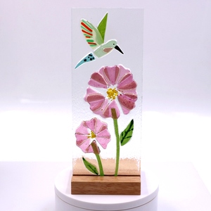 High Quality Handmade Fused Glass Flower Figurine Ornament With Wooden Base