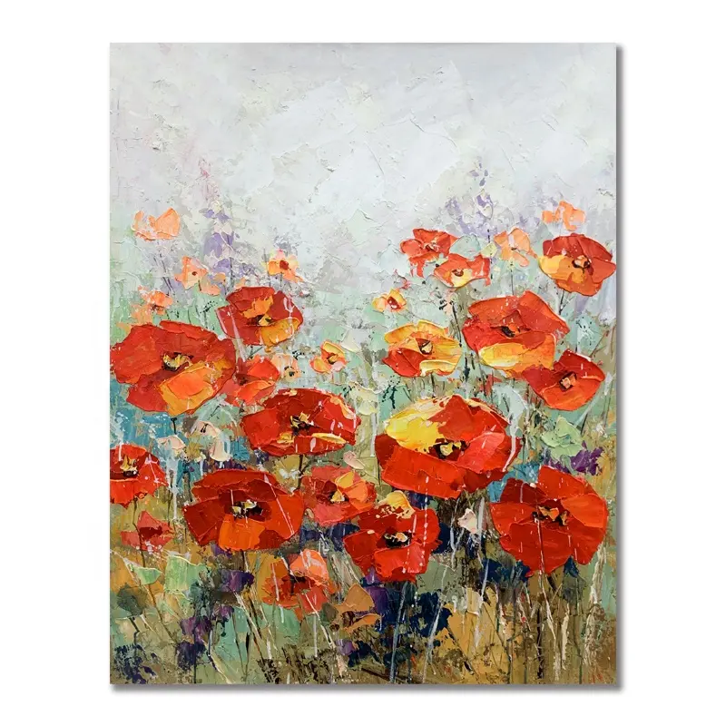Popular OEM Modern Decoration Texture Oil Paintings Art Wall Painting Canvas Red Flowers Hand Painted Oil Painting