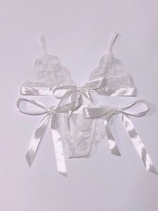 セクシーな誘惑2ピースの女性用下着セットストラップスタイル刺繍かわいい弓透明なスラッティレースランジェリー - Product Image 4