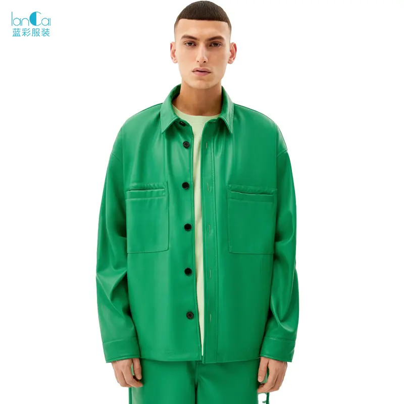 2022 Custom OEM Long Sleeve Green Faux Leather Button Down Shirts For Men