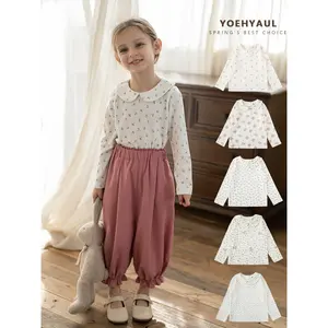 YOEHYAUL 2024 Spring Girls Floral Lapel Bottoming Shirt Children Girl's Cute Lightweight Comfortable and Breathable T-Shirt