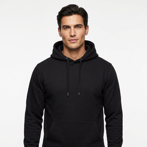 <b>Men's</b> Black Hooded Fleece <b>Sweatshirt</b> Regular Fit Solid Color Casual Knitted Pullover with Pocket Autumn Wear - Product Image 1