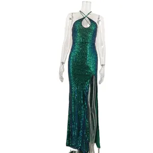 Женское винтажное вечернее платье макси, зеленое платье без рукавов с блестками и перекрестным воротником, Лидер продаж