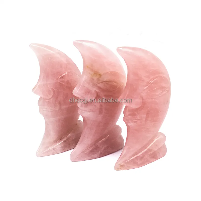 Crystal healing stone rose quartz moon face carving crystal craft pink rose moon face carving for decoration