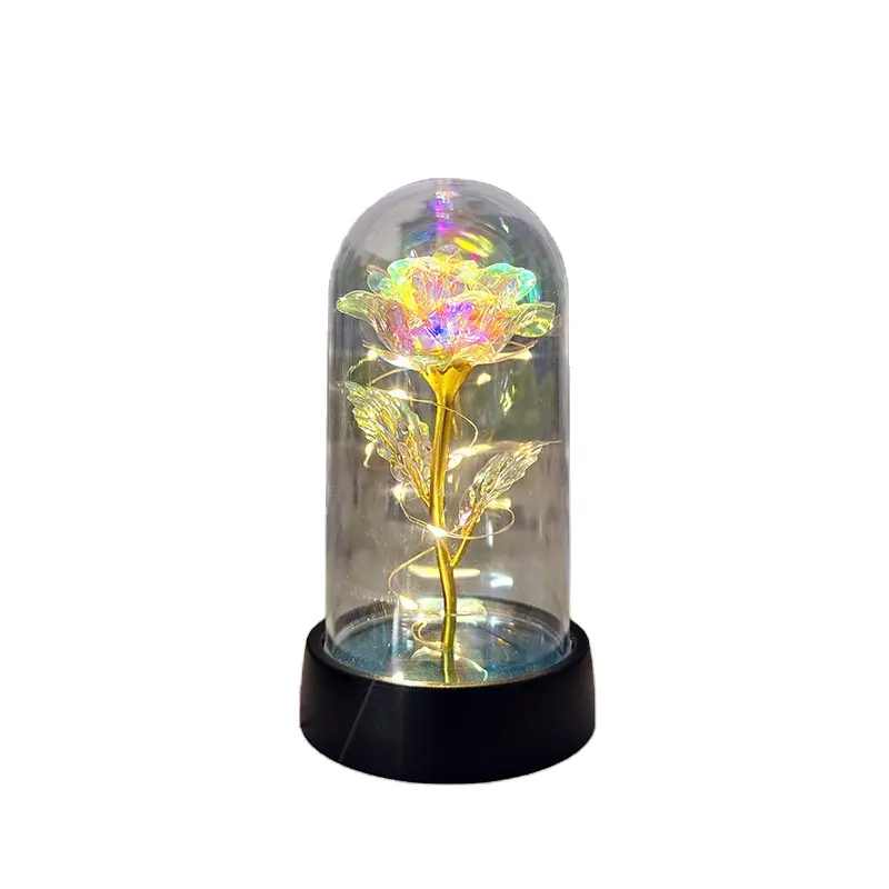 Elegant LED Glass Dome with Gold Foil Roses: Timeless Beauty for Home Tabletop Decor