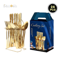 SANOSH Or Acier Inoxydable 24 Pièces Couteau Fourchette Cuillère Ensemble avec Support