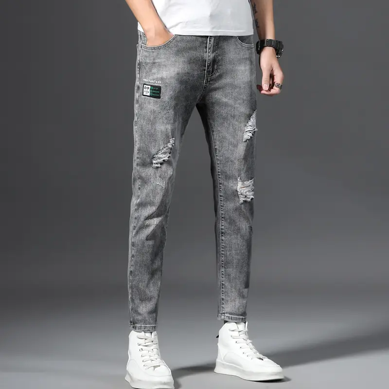 Korean Slim Men's Pants Mid Waist Grey Ripped Small Feet High Quality Cotton Polyester Fashion Casual All Match Denim Men's Jean