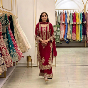 Ensemble Salwar Kameez Moderne Brodé Bourgogne pour Femme avec Châle, Longueur Totale, 2 Pièces, Séchage Rapide, Tenue Traditionnelle Élégante - Product Image 1