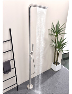 <span class=keywords><strong>Robinet</strong></span> de sol extérieur vertical avec douchette en acier inoxydable brossé, jet pluie, design moderne et épuré, eau froide et chaude - Product Image 5