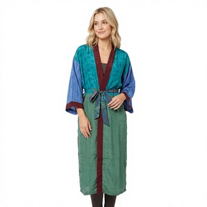 Kimono de Seda Hecho a Mano en India, Vintage, Sexy, Elegante, con Estampado Floral, Cuello en V, Cierre con Cinturón, para Mujer, Ropa de Dormir Transpirable - Product Image 1