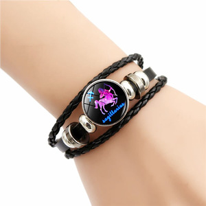 Customizable Retro Multi-Layered Adjustable Handmade 12 Zodiac Alloy Braided Black <b>Leather</b> <b>Bracelet</b> - Product Image 3