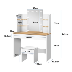 Miroir sur pied avec lampe intégrée, coiffeuse moderne, coiffeuse de chambre à panneaux en bois avec ensemble chaise - Product Image 5
