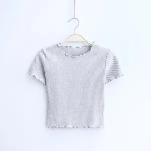 Custom Sold Color High Quality Assorted Ribbed Crop T-Shirts For Women - Short Sleeve Frilled Hem