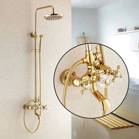 Ensemble de robinet de douche de salle de bains de luxe couleur or laiton matériel bain mitigeur mural cascade tête ronde avec barre coulissante