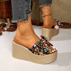 Nouvelles sandales compensées d'été 2025 pour femmes, grande taille, avec nœud et plateforme à semelle épaisse, vente en gros transfrontalière - Product Image 4