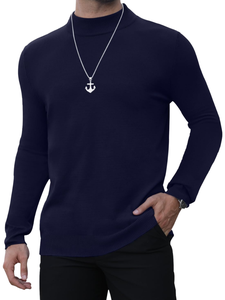 Pull à col roulé en tricot bleu marine pour homme, manches longues, couleur unie, vêtement d'automne - Product Image 3