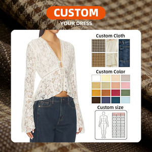 <span class=keywords><strong>Chemisier</strong></span> cardigan Y2K <span class=keywords><strong>blanc</strong></span> crème sexy pour <span class=keywords><strong>femme</strong></span>, transparent, à volants, manches trompette, col en V, ajusté à la taille, respirant, été - Product Image 3