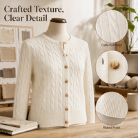 Kardigan Rajut Kabel Kustom Grosir untuk Wanita, Lengan Panjang, Kancing Kayu, Detail Rib, Kerah Bulat Vintage, Atasan Sweater Pullover