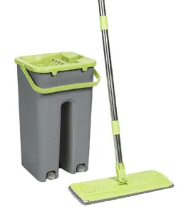 2 Mopheads pressa a mano asciugatura cesto di plastica Set di secchi a mano libera spremitura Mop piatto