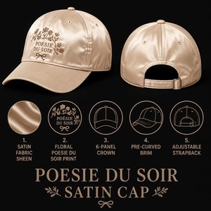 Casquette de baseball en satin personnalisée Poesie Du Soir, 6 panneaux, imprimé floral, style vintage chic français, réglable, vente en gros, OEM, faible MOQ - Product Image 3