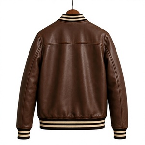 Men's Brown Leather Varsity Jacket Striped Rib Collar Snap Button Bomber Jacket Casual Fashion Outerwear Streetwear Jacket - Product Image 4