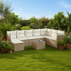 Ensemble de canapés de jardin beige en rotin d'extérieur avec coussins, design contemporain, meubles imperméables - Product Image 2