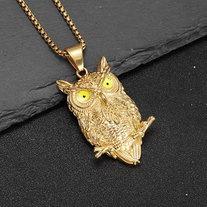 Collier pendentif hibou en acier inoxydable plaqué or pour hommes, bijoux du zodiaque animal, style hip hop - Product Image 2