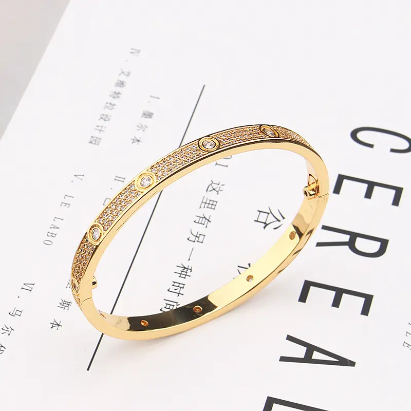 C&J Custom Fashion Jewelry Charm18K Gold Plated Full Diamond Moissanite Zircon Screw Love Cuff Bracelet Bangle Women Men