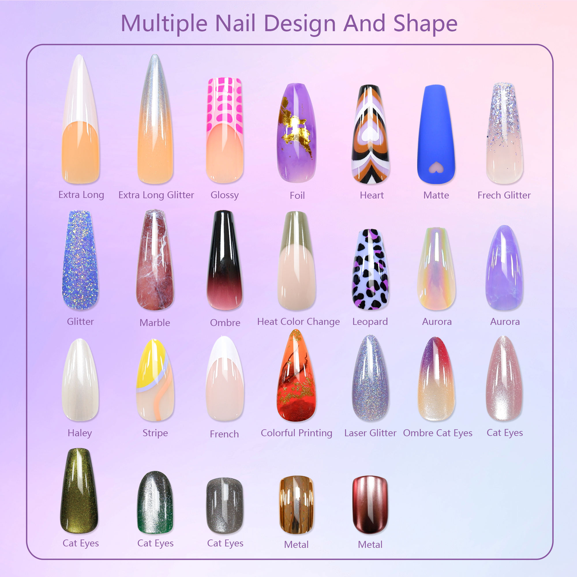 High Quality Long Press on Nails Private Label Reusable 24 Pcs False Nails Custom