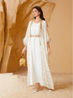 Abaya 2 pièces élégante à fleurs, en polyester respirant et infroissable, brodée à la main avec des sequins et des imprimés dorés, style turc, robe musulmane