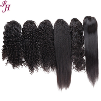 Demi-Perruque FH Naturel Noir 100% Cheveux Humains 3-en-1 Cheveux Birmans Bouclés avec Pince et Cordon